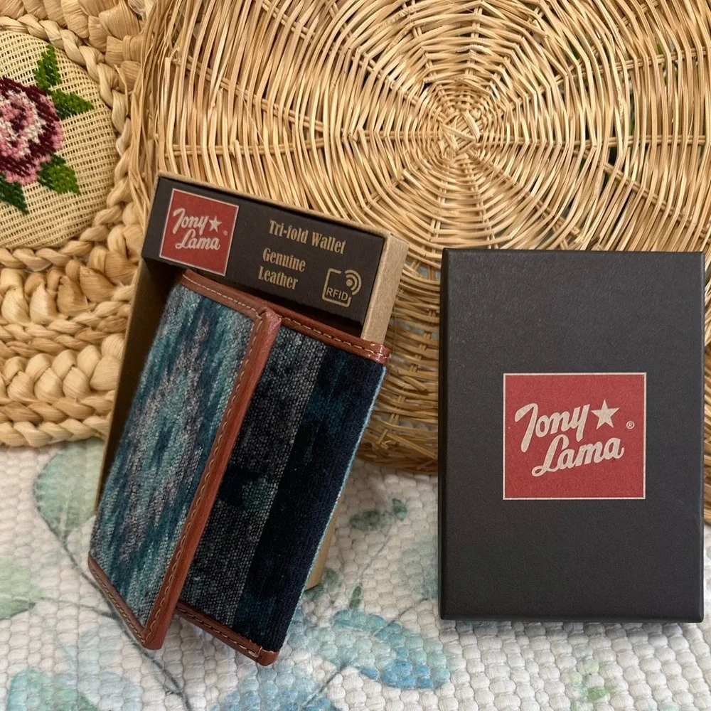 New Tony Lama Tri-Fold Wallet RFID Blue Aztec Canvas Leather Cowboy Western